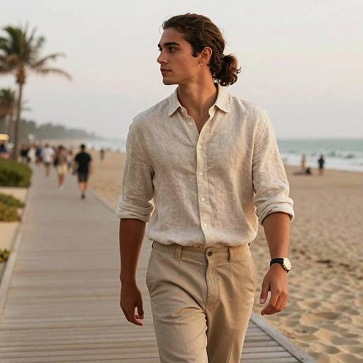 Photograph of a handsome, dark-haired man with a ponytail, wearing a white button-up shirt and beige pants, walking on a beach boardwalk