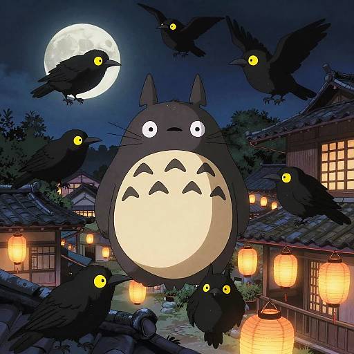 Whimsical Crow Yokai in Moonlit Village