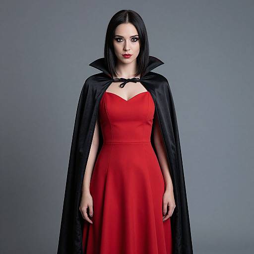 Photograph of a pale-skinned woman with black hair, wearing a red, strapless gown and black vampire cape, standing against a gray background.