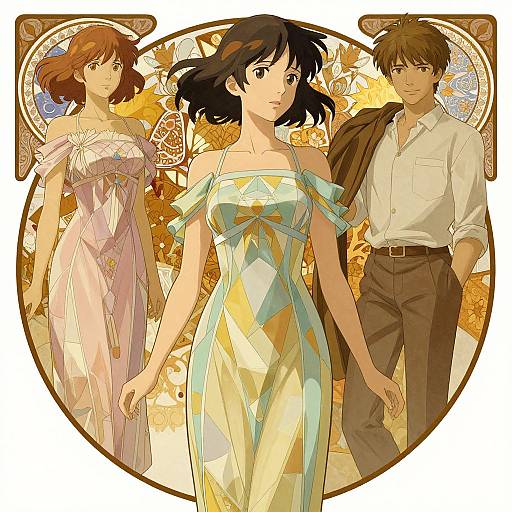 Digital anime artwork featuring three characters: a brown-haired woman in a pink dress, a black-haired woman in a yellow dress, and a brown-haired man