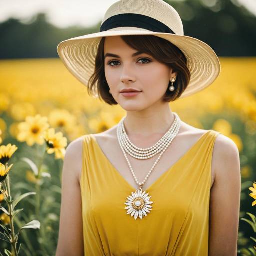Woman in Yellow Dress and Sun Hat in Flower Field