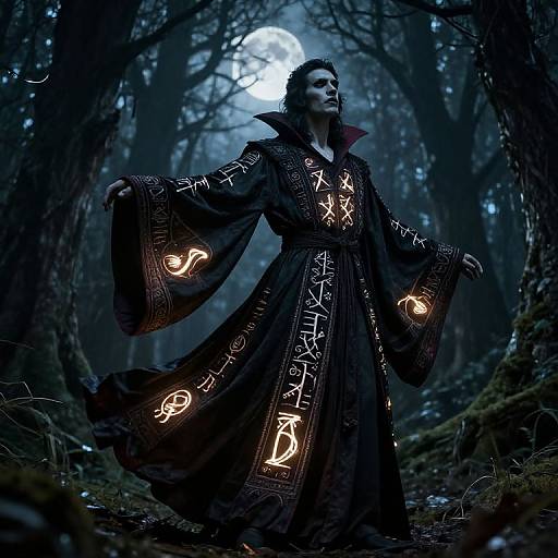Photorealistic CGI of a dark-haired man in a glowing, black, ornate robe, standing in a mystical, moonlit forest.