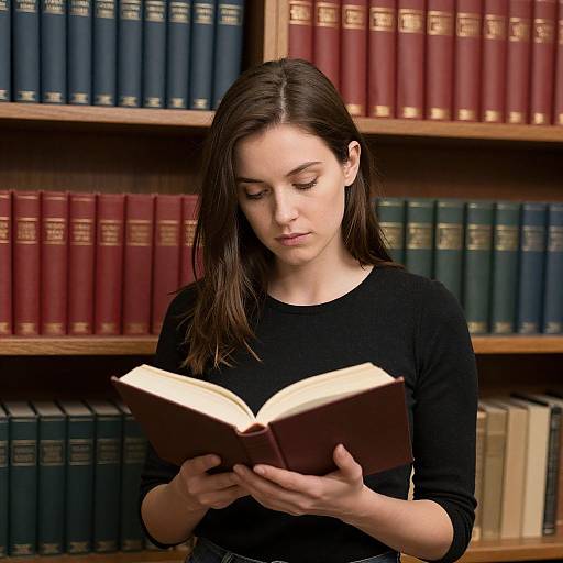 Photograph of a focused young woman with straight brown hair, wearing a black long-sleeve shirt, reading a book in a library with colorful,