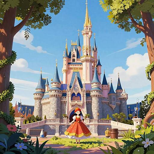 Digital artwork of a fairytale castle with a princess in an orange ball gown dancing in front, surrounded by lush greenery and trees under a bright