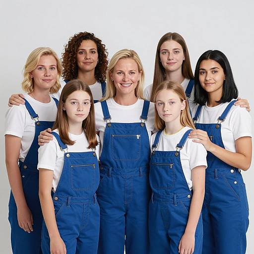Sisterhood in Blue Overalls and White Shirts