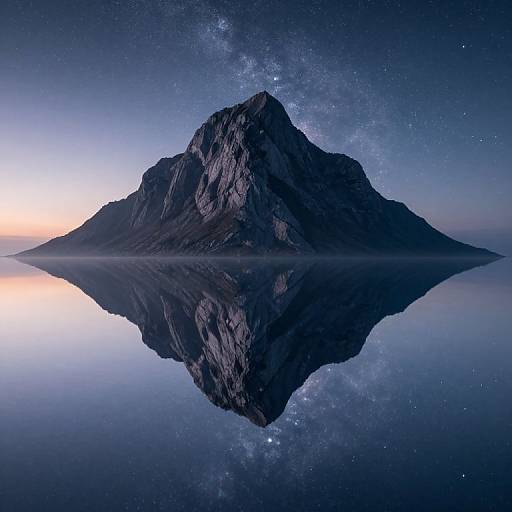 Photograph of a dark, rocky island at night, perfectly reflected in a still, starry ocean, with the Milky Way visible in the sky.