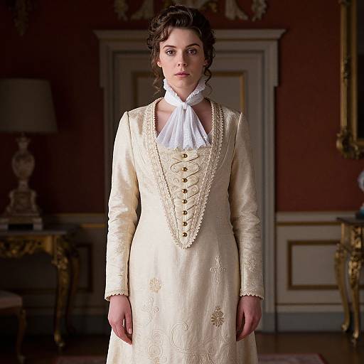 Photograph of a young woman with curly brown hair, wearing an ivory Victorian-style dress with gold embroidery and a white ruffled collar, standing in an
