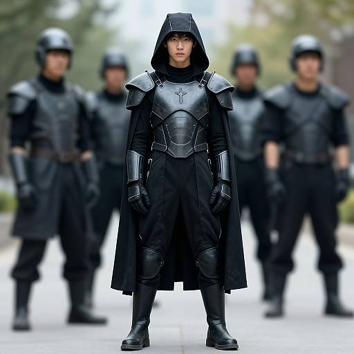 Photograph of a young person in black medieval armor with hood, standing center against blurred, armored guards in a park.
