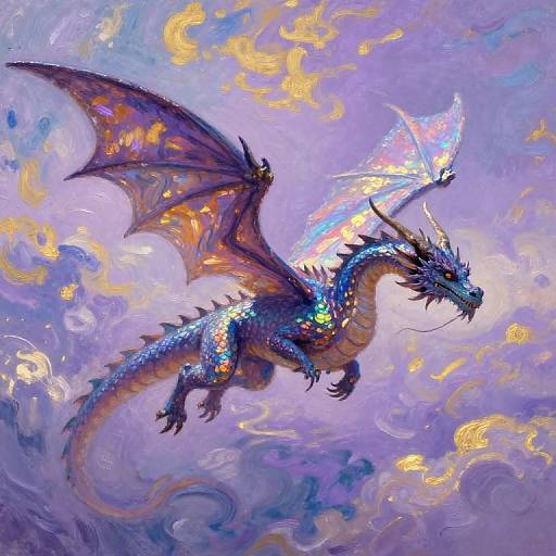 Vibrant digital painting of a blue and purple dragon with glowing wings and fiery accents, soaring through a swirling, ethereal sky.