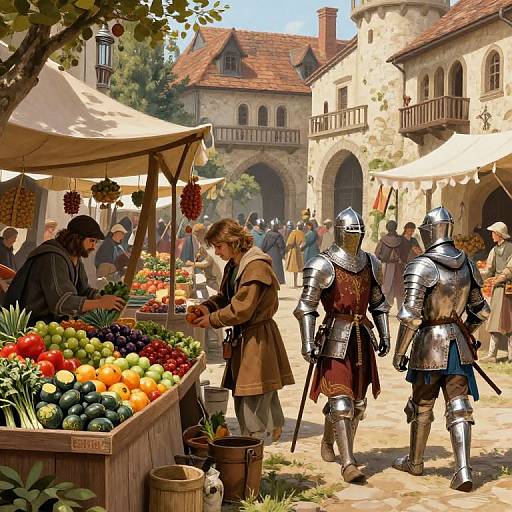 Medieval market scene: armored knights buying colorful vegetables from a vendor's wooden stall, surrounded by stone buildings and bustling crowd. Digital art.