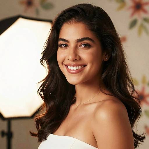 Photograph of a smiling woman with long, wavy black hair, olive skin, and brown eyes, wearing a white strapless top, against a