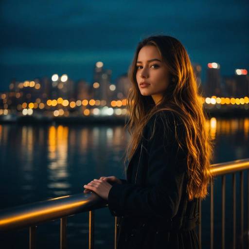 Young Woman by Urban Riverfront at Night