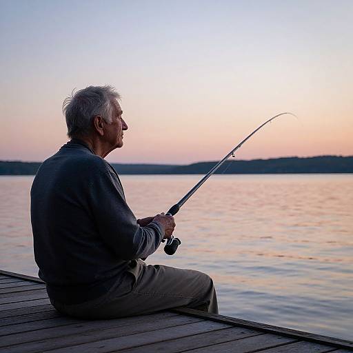 Elderly Fisherman at Sunset Lake