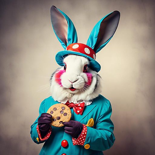 Whimsical Clown Rabbit Enjoying a Cookie