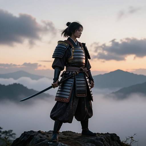 Silhouetted samurai warrior with sword, standing on rocky cliff, wearing traditional armor, against a misty mountain sunset background. Photorealistic