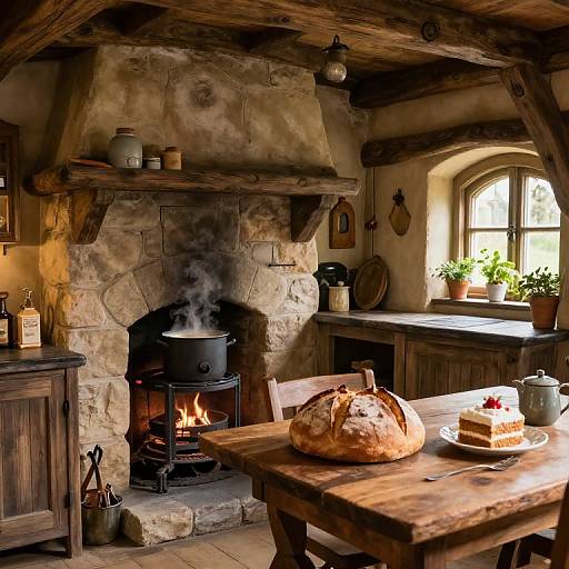 Cozy rustic kitchen with wooden beams, stone fireplace, burning fire, wooden table, loaf of bread, plate of cake, sunlight through arched window