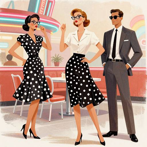 Vintage-style digital illustration of two women in black polka dot dresses and black high heels, and a man in a gray suit, standing outside a neon