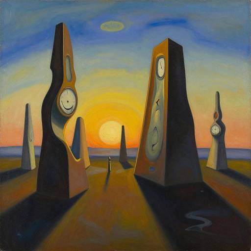 Surrealist painting of abstract clock figures at sunset, with a vibrant orange and yellow sky, and a small shadowed figure in the distance.
