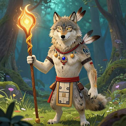 Digital artwork of an anthropomorphic wolf standing in a mystical forest, holding a flaming torch. Wearing tribal jewelry, feathered arm bands, and a