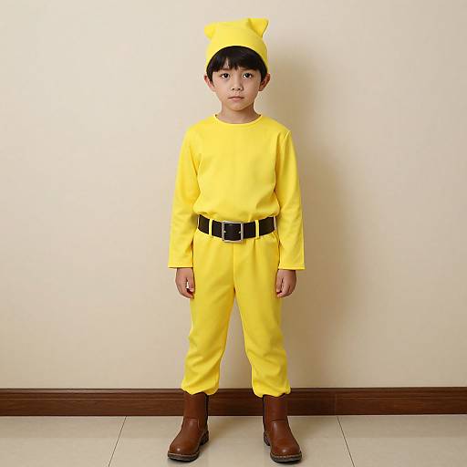Photograph of a young Asian boy in a bright yellow long-sleeve outfit, black belt, brown boots, and yellow hat, standing against a