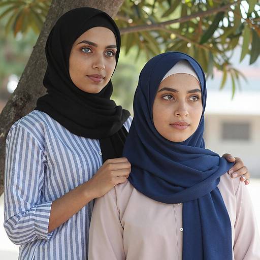 Two Women Outdoors by a Tree