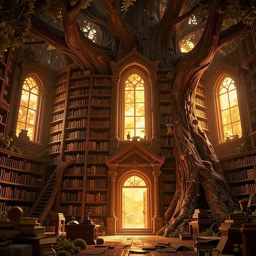 Photorealistic digital artwork of a grand, illuminated library with towering, twisted tree, arched windows, and warm golden light flooding in.