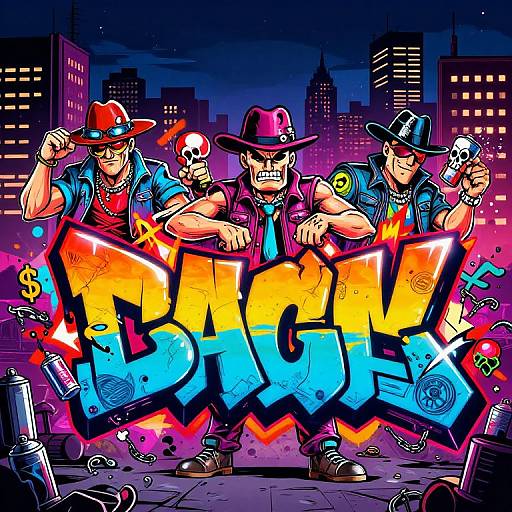 Colorful digital drawing of three angry, graffiti-tagging, gun-wielding cartoon cowboys in hats, with vibrant cityscape and bold 