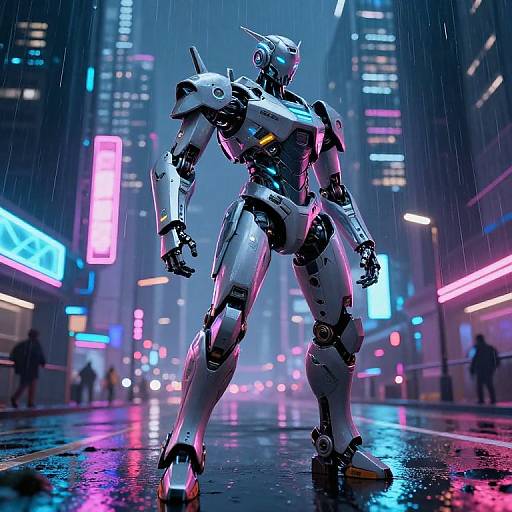 Cybernetic humanoid robot stands in neon-lit, rainy city street, reflecting vibrant pink, blue, and purple lights on wet pavement. Fut