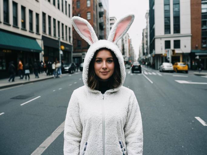 Woman in Bunny Costume on City Street