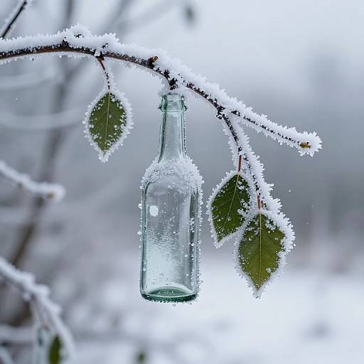Photograph of a frost-covered glass bottle hanging from a snow-dusted branch with green leaves, set against a blurred, wintry background.