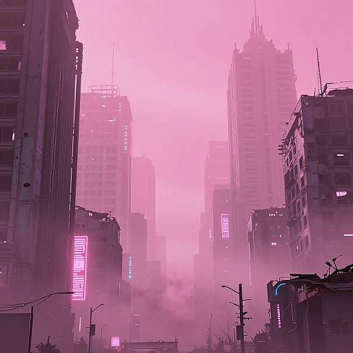 Cyberpunk cityscape photograph with neon pink glow, foggy atmosphere, tall skyscrapers, and illuminated signs, evoking a futuristic, dyst