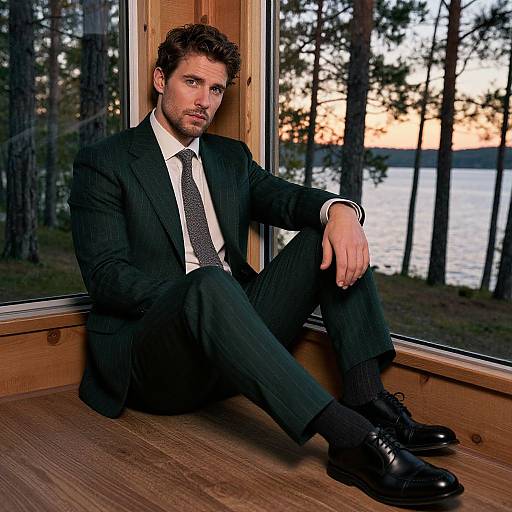 Photograph of a handsome man with curly brown hair, beard, and blue eyes, in a black pinstripe suit, sitting by a window overlooking