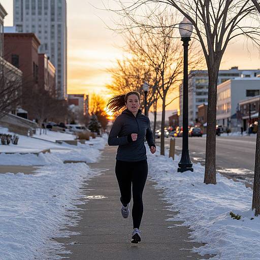 Photograph of a woman jogging on a snowy city path at sunset, wearing a dark jacket and black pants, with bare trees and urban buildings in the