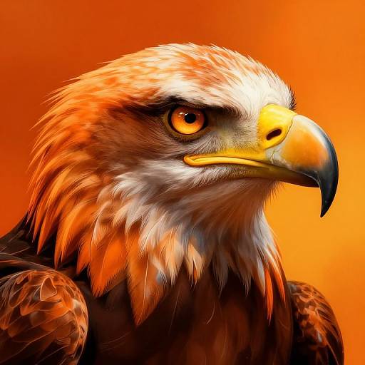 Digital painting of a fierce, detailed eagle with vibrant orange and yellow feathers, sharp yellow beak, and intense orange eyes, set against a bright orange