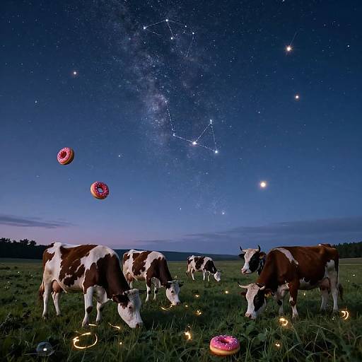 Photograph of brown and white cows grazing under a starry night sky with visible Milky Way, surrounded by glowing red orbs.