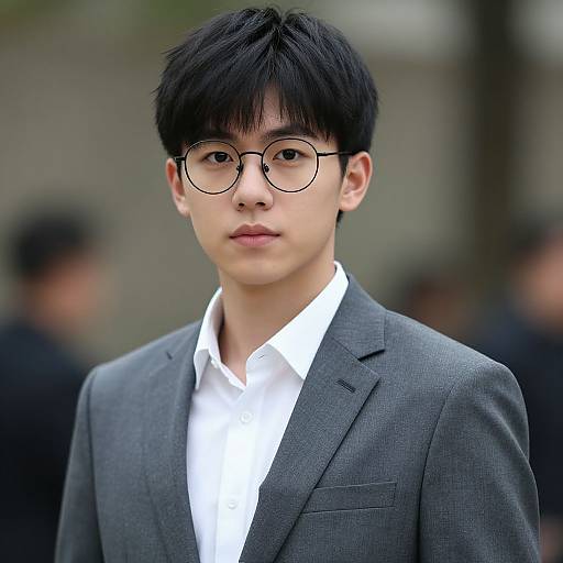 Photograph of an Asian man with black hair and glasses, wearing a gray suit and white shirt, standing outdoors in a blurred urban background.