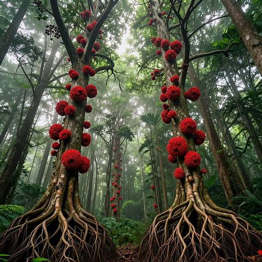 Photograph of a mystical forest with tall trees adorned with red, spherical fruit clusters, their thick, gnarled roots prominently visible. Dense, mist