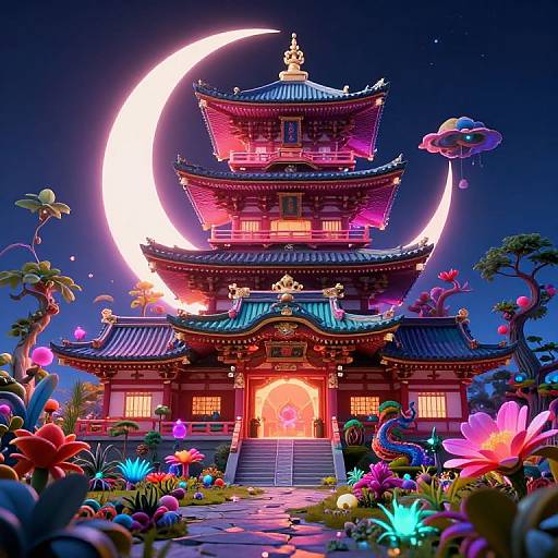 Vibrant digital art of a glowing, traditional Asian temple with a crescent moon, surrounded by colorful, bioluminescent flowers under a star