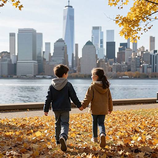 Photograph of two children holding hands, walking away from a city skyline with autumn leaves, bright sunlight, and yellow foliage.