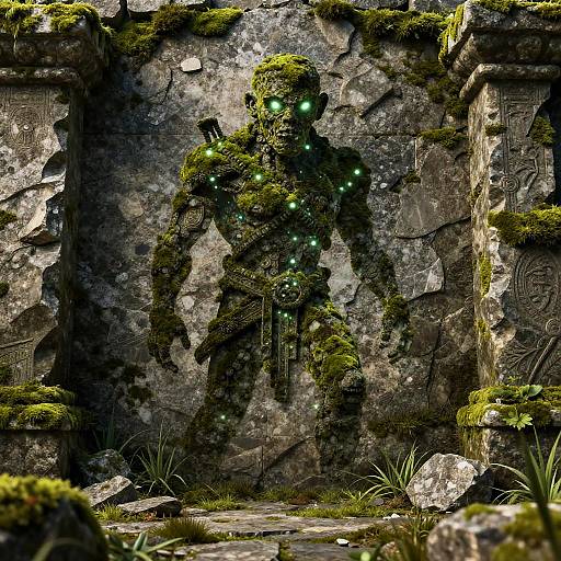 3D Ancient Golem in Mossy Ruins