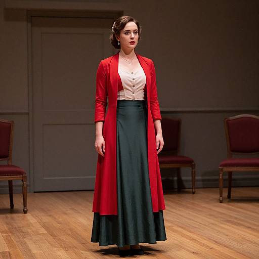 Photograph of a fair-skinned woman with dark hair in an updo, wearing a red cardigan, white blouse, black skirt, standing on