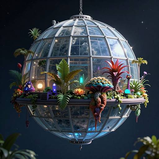 Photorealistic CGI: Glass globe chandelier filled with vibrant, colorful alien-like plants and glowing lights, suspended in a dark, starry night sky
