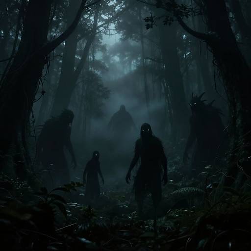 Digital art: Dark, eerie forest at night with silhouetted, shadowy humanoid figures with glowing eyes, surrounded by mist and dense foliage.