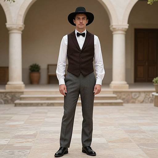 Photograph of a man in formal attire: black vest, white shirt, black bow tie, gray pants, black shoes, and wide-brimmed