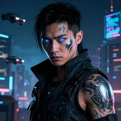 Photorealistic digital art of a cyberpunk male with glowing blue eyes, black spiked hair, neon cityscape, and intricate arm tattoos.