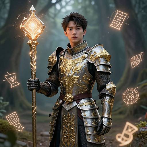 Photorealistic CGI of an Asian male warrior with dark hair, wearing ornate golden armor and holding a glowing magical staff in a misty forest.