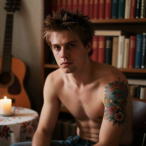 Tattooed Man in a Dimly Lit Room