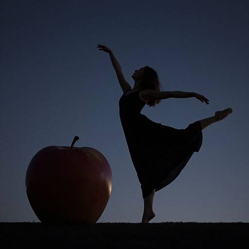 Silhouetted dancer in a dress balances on one leg, arm raised, next to a large apple against a twilight blue sky.