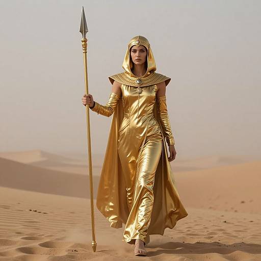 Photograph of a woman in golden armor and cloak, holding a spear, walking through a desert with sand dunes.