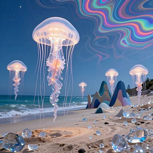 Photograph of surreal beach scene with glowing jellyfish, colorful wavy sky, and two people sitting on sand, surrounded by glass-like bubbles.